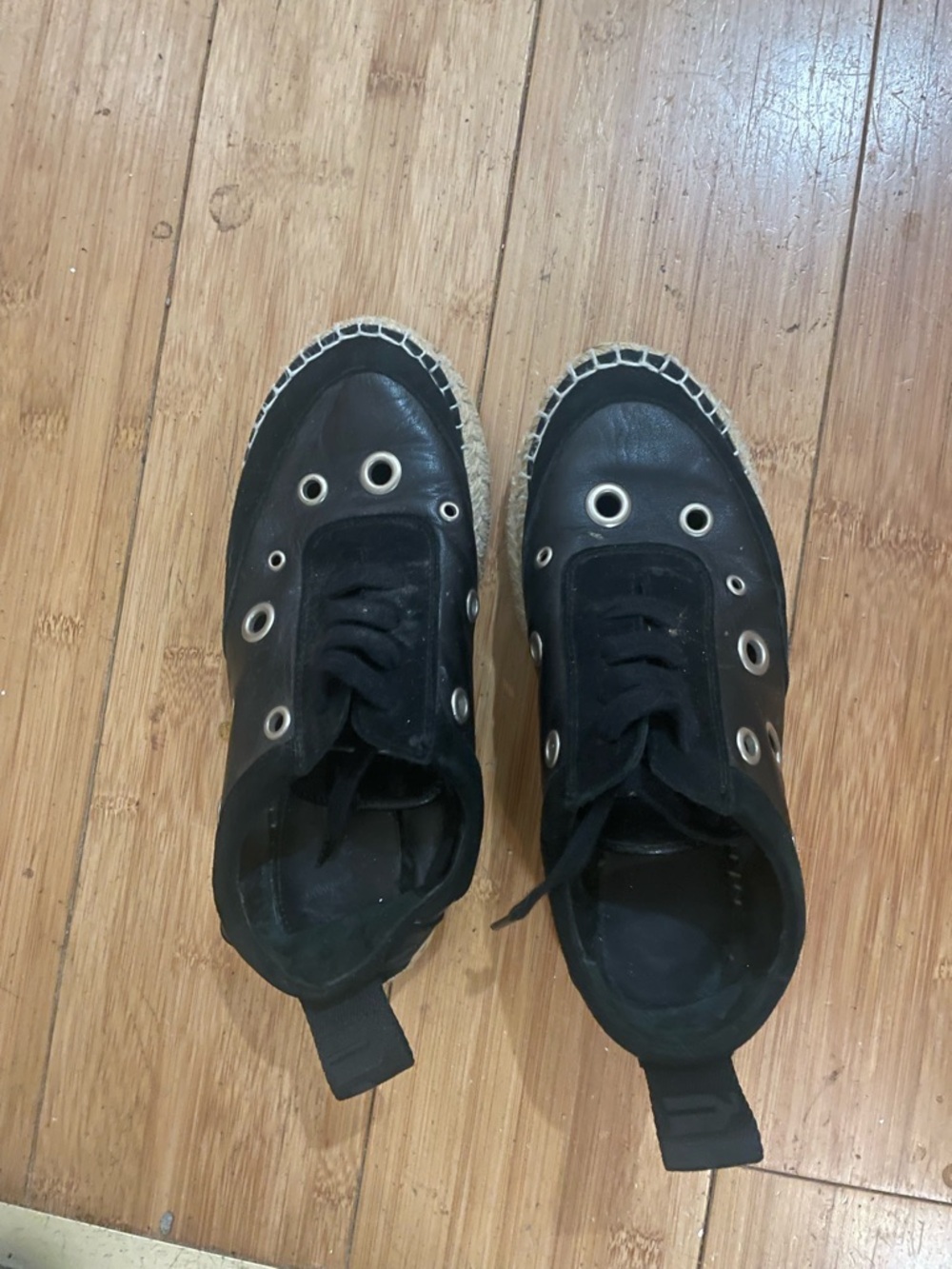 McQ by Alexander McQueen Black Leather Espadrille Sneakers with Silver Eyelets